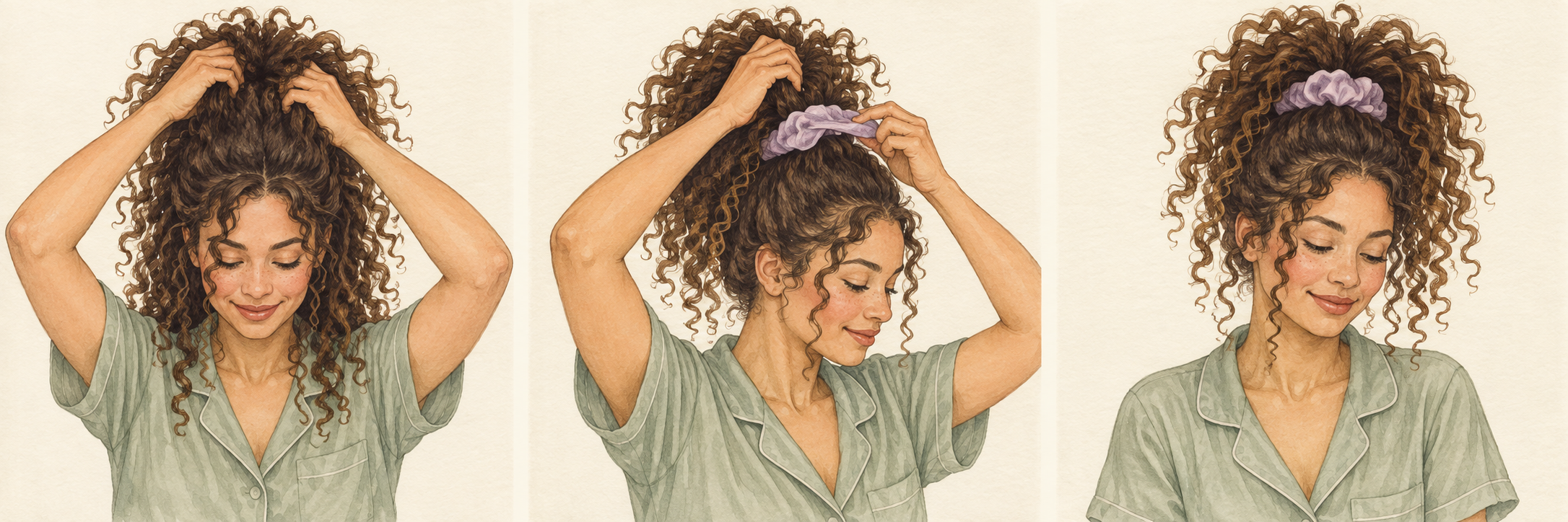 Drie stappen om krullen bovenop het hoofd losjes met een scrunchie te verzamelen.