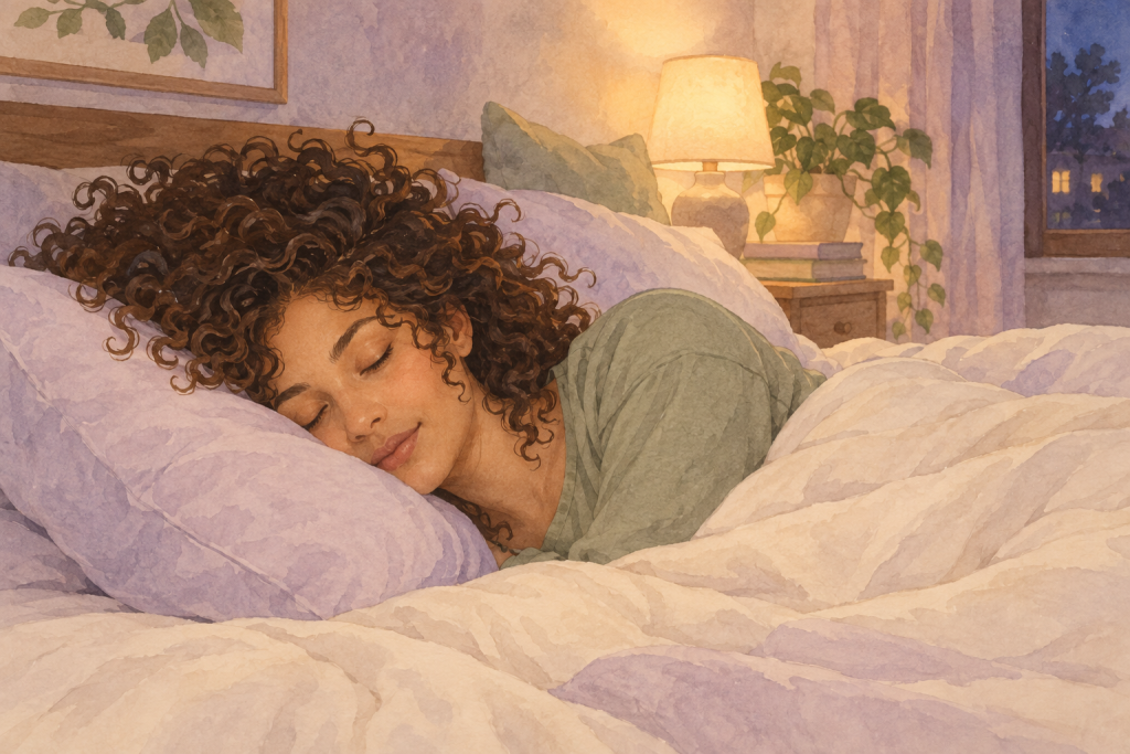 Aquarelillustratie van een volwassene die met losse krullen comfortabel op een kussen slaapt.